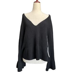 NWT Callahan Black Off Shoulder Slouchy Bell Sleeve Cotton Knit Sweater V Neck S